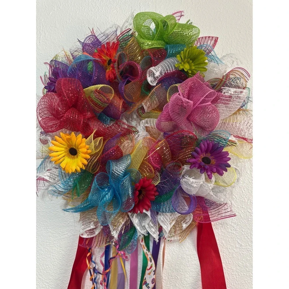 Colorful Mesh Ribbon Door Wall Hanging Wreath Whimsical Home Decor
